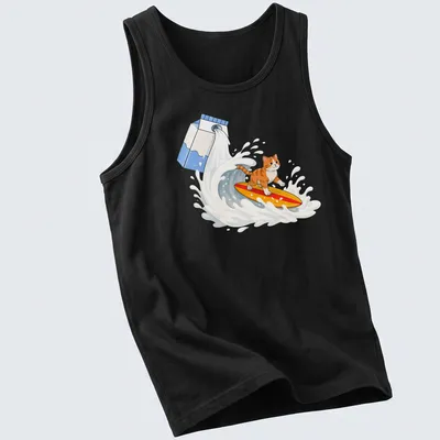 Colorful cartoon of an orange tabby cat surfing on milk — printed on a tank top