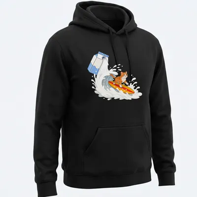 Colorful cartoon of an orange tabby cat surfing on milk — printed on a unisex hoodie