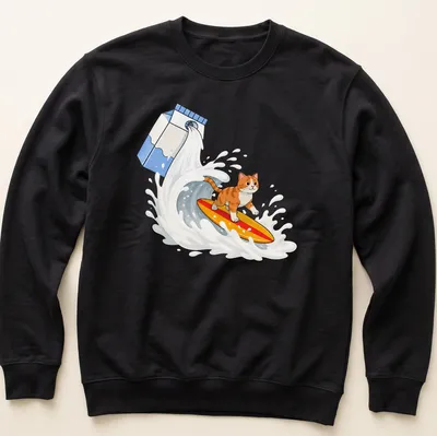 Colorful cartoon of an orange tabby cat surfing on milk — printed on a unisex sweatshirt