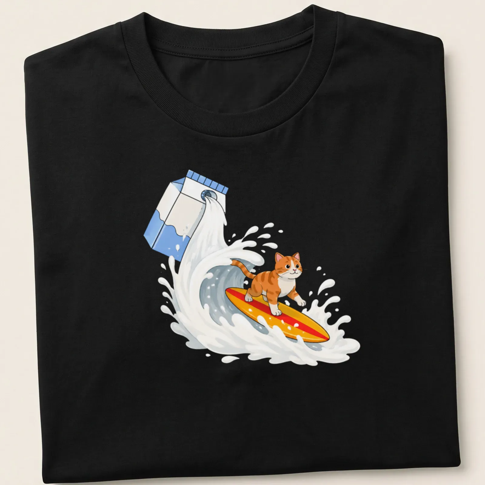 Colorful cartoon of an orange tabby cat surfing on milk — printed on a unisex t-shirt