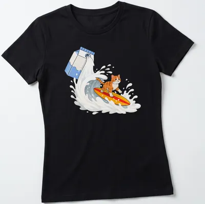Colorful cartoon of an orange tabby cat surfing on milk — printed on a women's shirt