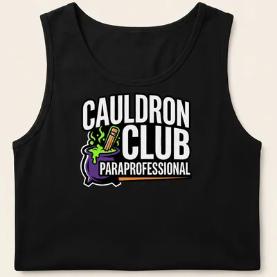 Bold Halloween T-shirt with Cauldron Club design and pencil illustration — printed on a tank top