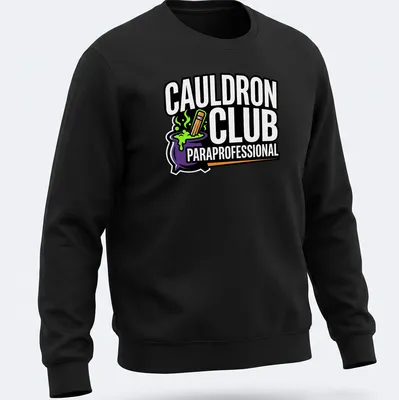Bold Halloween T-shirt with Cauldron Club design and pencil illustration — printed on a unisex sweatshirt