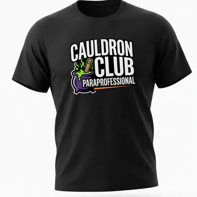 Bold Halloween T-shirt with Cauldron Club design and pencil illustration