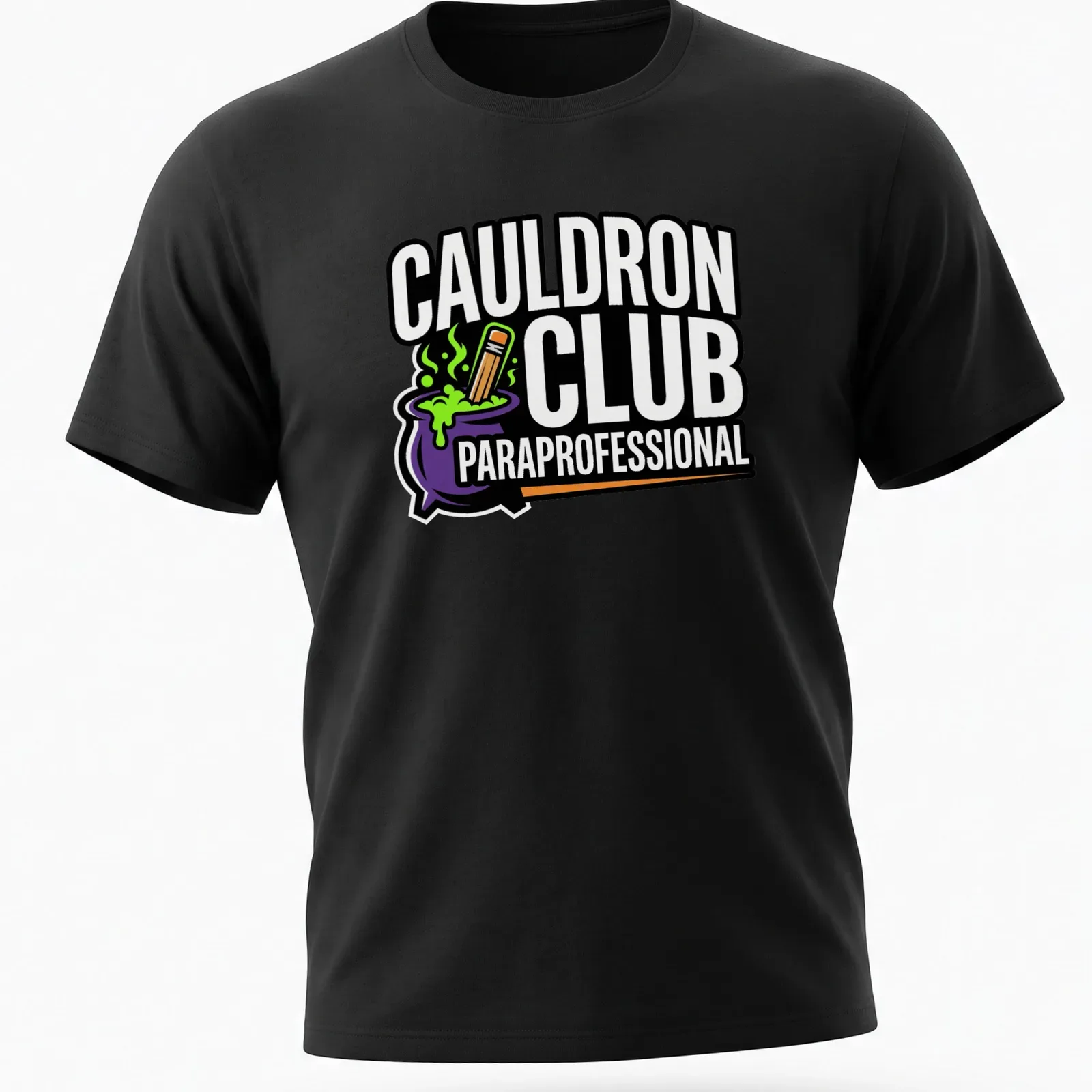Bold Halloween T-shirt with Cauldron Club design and pencil illustration — printed on a unisex t-shirt
