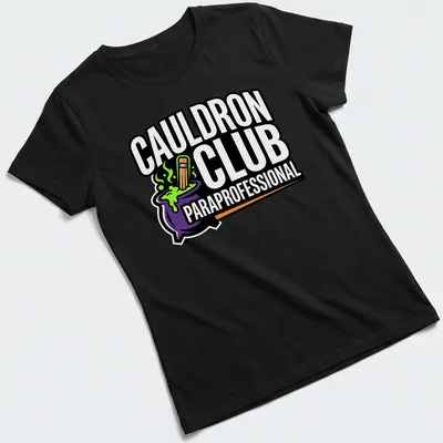 Bold Halloween T-shirt with Cauldron Club design and pencil illustration — printed on a women's shirt