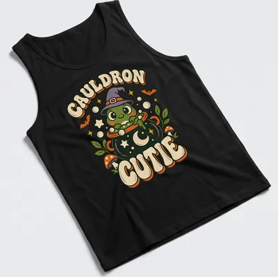 Kawaii frog witch with cauldron and text on a Halloween — printed on a tank top