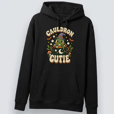 Kawaii frog witch with cauldron and text on a Halloween — printed on a unisex hoodie