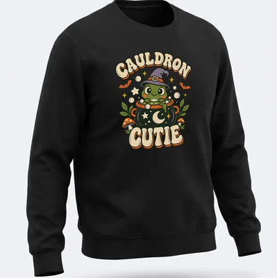 Kawaii frog witch with cauldron and text on a Halloween — printed on a unisex sweatshirt