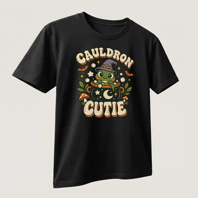 Kawaii frog witch with cauldron and text on a Halloween — printed on a unisex t-shirt (angled view)