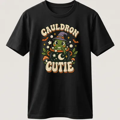 Kawaii frog witch with cauldron and text on a Halloween — printed on a unisex t-shirt