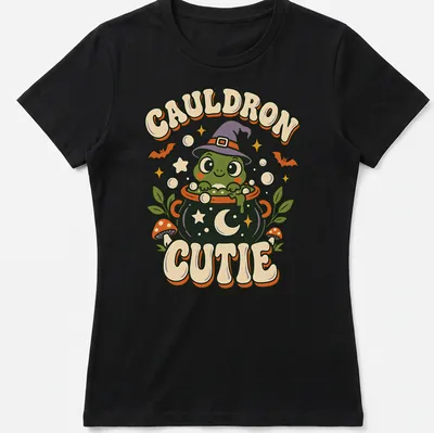 Kawaii frog witch with cauldron and text on a Halloween — printed on a women's shirt
