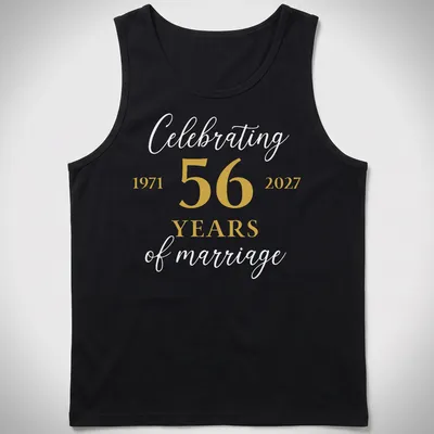 Elegant Anniversary T-shirt with gold and white text celebrating 56 years of marriage — printed on a tank top