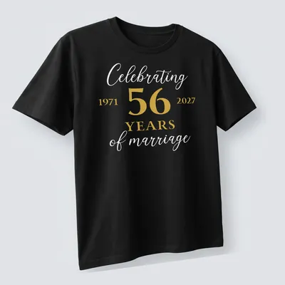 Elegant Anniversary T-shirt with gold and white text celebrating 56 years of marriage — printed on a unisex t-shirt (angled view)