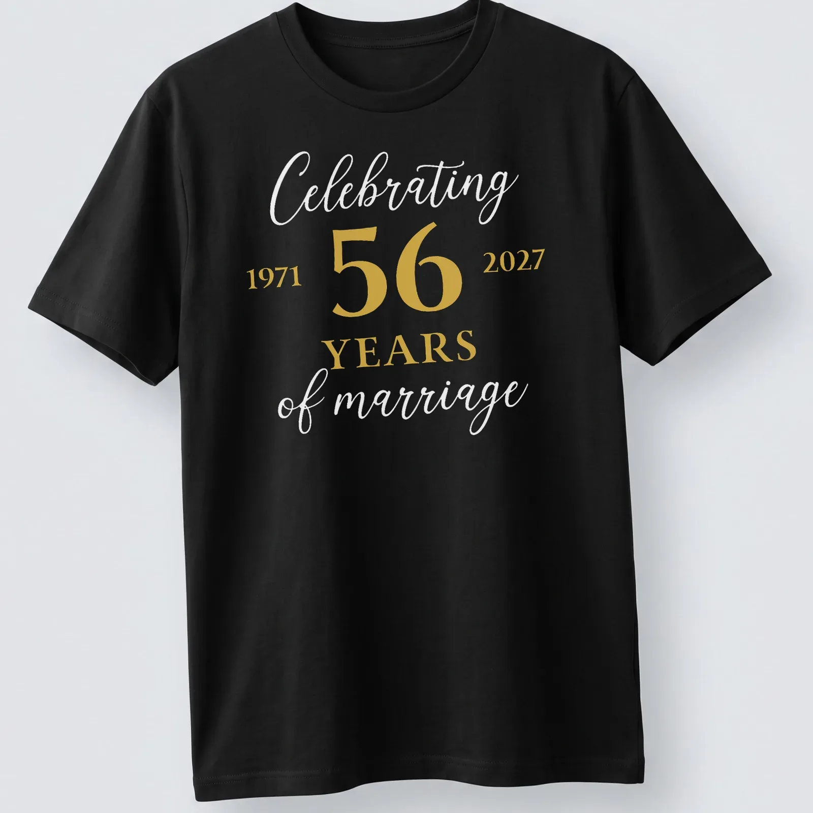 Elegant Anniversary T-shirt with gold and white text celebrating 56 years of marriage — printed on a unisex t-shirt