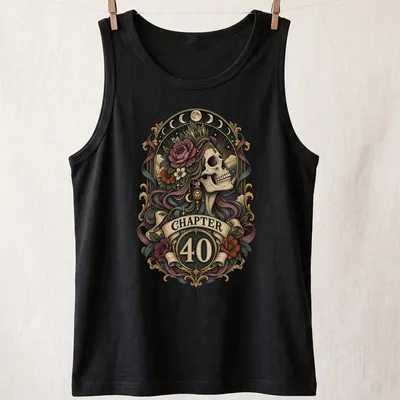 Retro gothic floral design featuring a skull with flowers and a crown above the text 'CHAPTER 40' — printed on a tank top