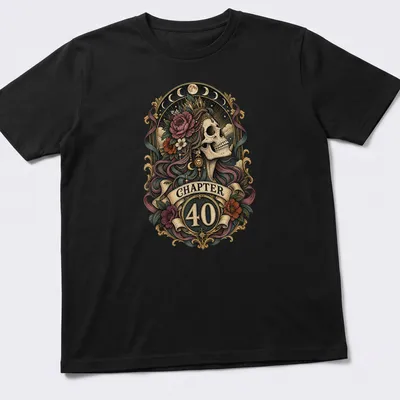 Retro gothic floral design featuring a skull with flowers and a crown above the text 'CHAPTER 40' — printed on a unisex t-shirt