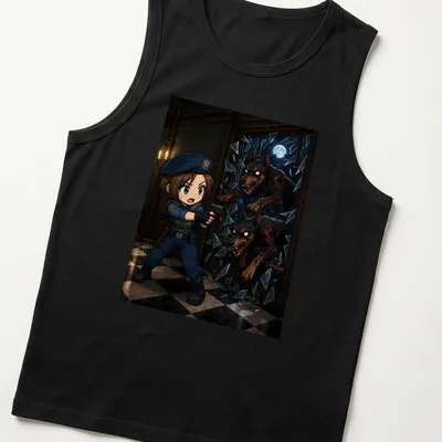 Chibi Cerberus design featuring three dog heads in anime style — printed on a tank top