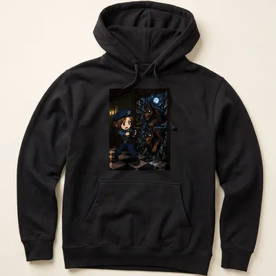 Chibi Cerberus design featuring three dog heads in anime style — printed on a unisex hoodie