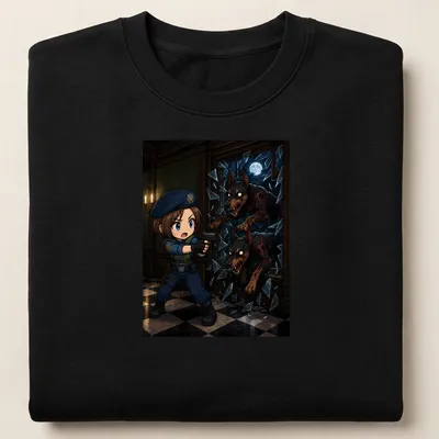 Chibi Cerberus design featuring three dog heads in anime style — printed on a unisex sweatshirt