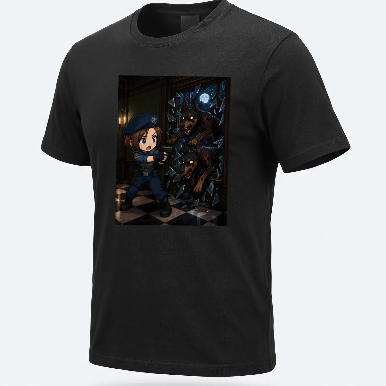 Chibi Cerberus design featuring three dog heads in anime style — printed on a unisex t-shirt