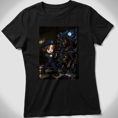 Chibi Cerberus design featuring three dog heads in anime style — printed on a women's shirt