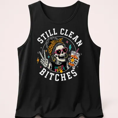 Colorful cartoon of a skeleton with a messy bun holding iced coffee and text 'Choose Peace' — printed on a tank top