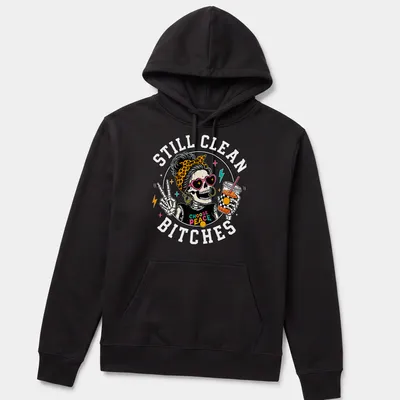 Colorful cartoon of a skeleton with a messy bun holding iced coffee and text 'Choose Peace' — printed on a unisex hoodie