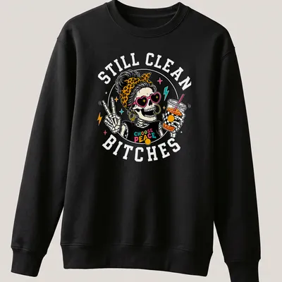 Colorful cartoon of a skeleton with a messy bun holding iced coffee and text 'Choose Peace' — printed on a unisex sweatshirt