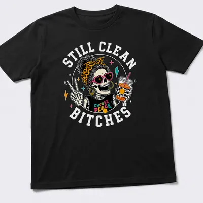 Colorful cartoon of a skeleton with a messy bun holding iced coffee and text 'Choose Peace' — printed on a unisex t-shirt