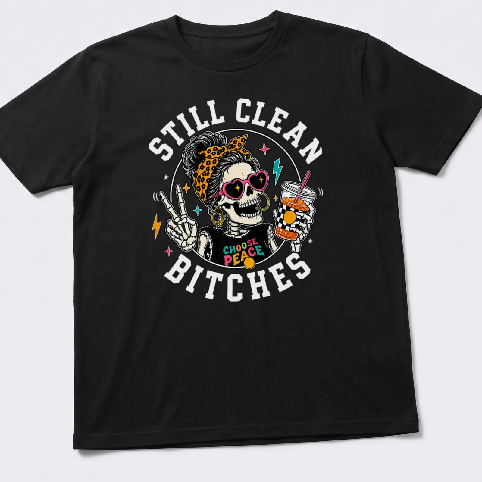 Colorful cartoon of a skeleton with a messy bun holding iced coffee and text 'Choose Peace' — printed on a unisex t-shirt