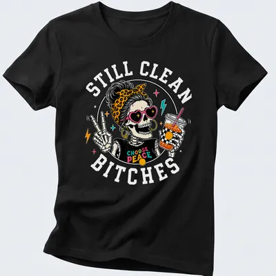 Colorful cartoon of a skeleton with a messy bun holding iced coffee and text 'Choose Peace' — printed on a women's shirt