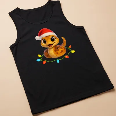 Kawaii Cascabel viper in a Santa hat with colorful lettering for Christmas — printed on a tank top