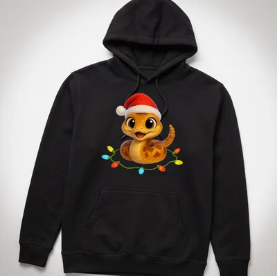 Kawaii Cascabel viper in a Santa hat with colorful lettering for Christmas — printed on a unisex hoodie