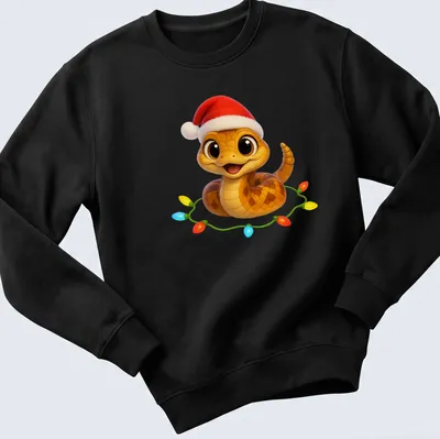 Kawaii Cascabel viper in a Santa hat with colorful lettering for Christmas — printed on a unisex sweatshirt