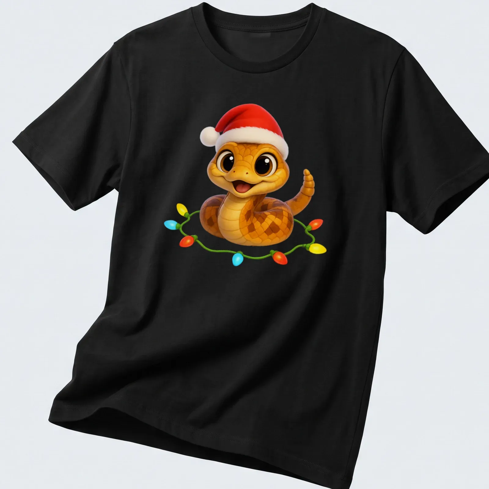 Kawaii Cascabel viper in a Santa hat with colorful lettering for Christmas — printed on a unisex t-shirt