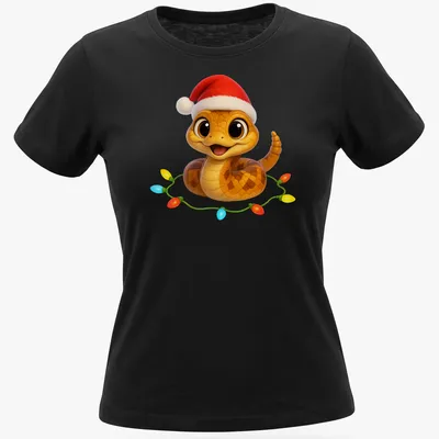 Kawaii Cascabel viper in a Santa hat with colorful lettering for Christmas — printed on a women's shirt