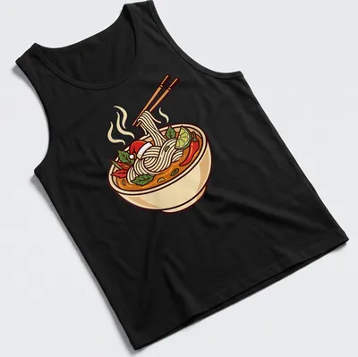 Colorful cartoon of a Christmas pho bowl with noodles and chili peppers — printed on a tank top