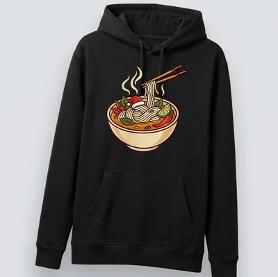 Colorful cartoon of a Christmas pho bowl with noodles and chili peppers — printed on a unisex hoodie