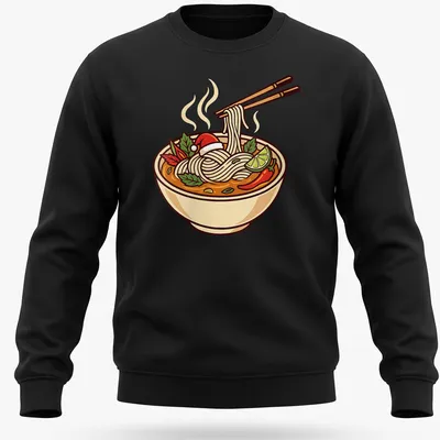 Colorful cartoon of a Christmas pho bowl with noodles and chili peppers — printed on a unisex sweatshirt