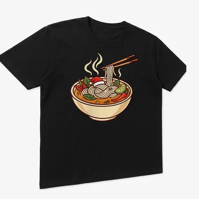 Colorful cartoon of a Christmas pho bowl with noodles and chili peppers — printed on a unisex t-shirt (angled view)