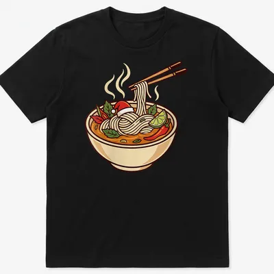 Colorful cartoon of a Christmas pho bowl with noodles and chili peppers