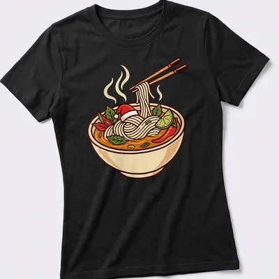 Colorful cartoon of a Christmas pho bowl with noodles and chili peppers — printed on a women's shirt