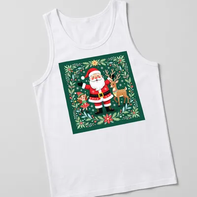 Kawaii illustration of Santa, elf, and reindeer with festive colors — printed on a tank top