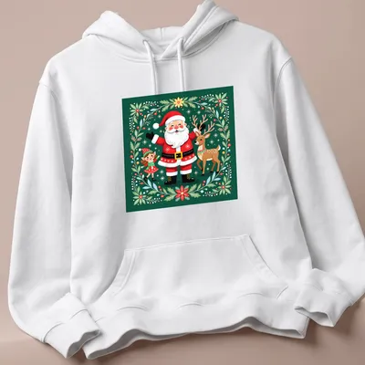 Kawaii illustration of Santa, elf, and reindeer with festive colors — printed on a unisex hoodie
