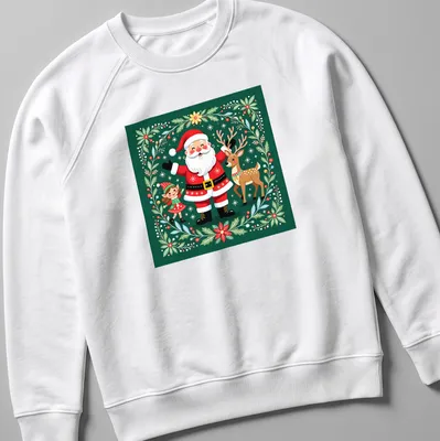 Kawaii illustration of Santa, elf, and reindeer with festive colors — printed on a unisex sweatshirt