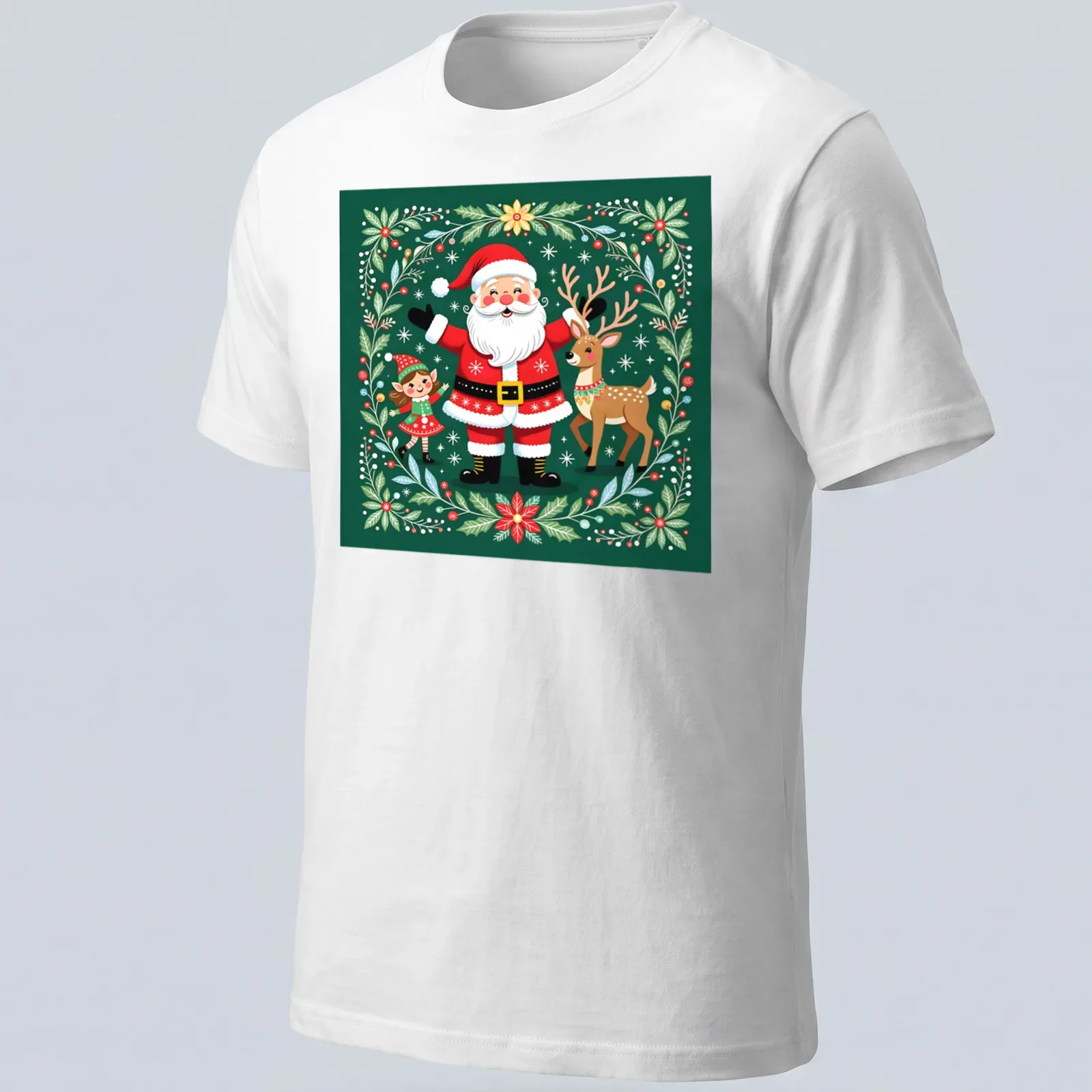 Kawaii illustration of Santa, elf, and reindeer with festive colors — printed on a unisex t-shirt