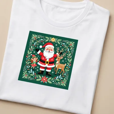 Kawaii illustration of Santa, elf, and reindeer with festive colors — printed on a women's shirt