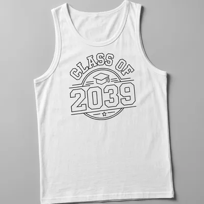 Boldly outlined CLASS OF 2039 T-shirt featuring a graduation cap icon — printed on a tank top