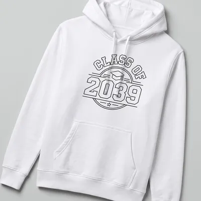 Boldly outlined CLASS OF 2039 T-shirt featuring a graduation cap icon — printed on a unisex hoodie